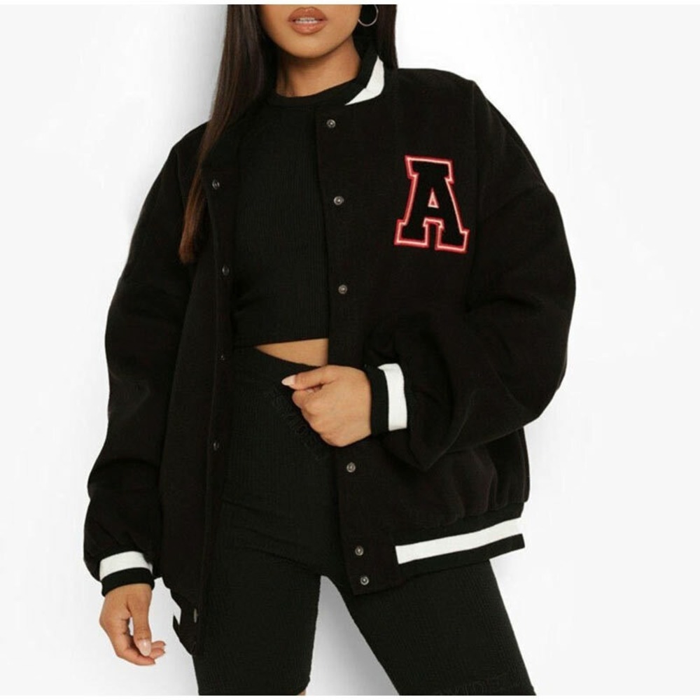 Boohoo Womens Black Oversized Varsity Jacket Letterman Bomber Patch Size US 8